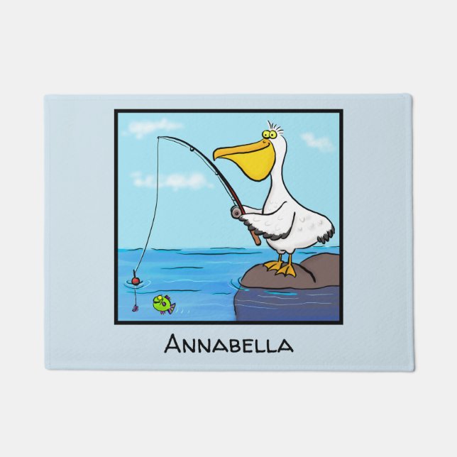 Funny fishing pelican cartoon doormat (Front)