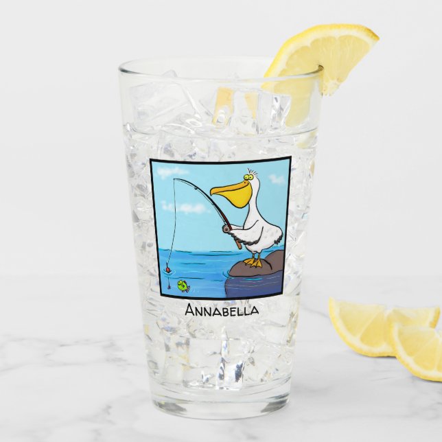 Funny fishing pelican cartoon glass (Back Ice)
