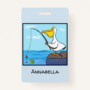 Funny fishing pelican cartoon ID badge