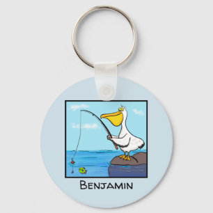 Funny fishing pelican cartoon key ring