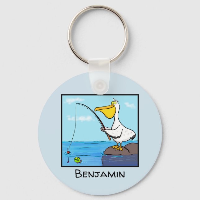 Funny fishing pelican cartoon key ring (Front)