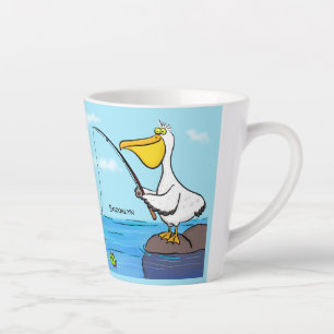 Funny fishing pelican cartoon latte mug