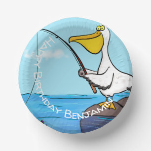 Funny fishing pelican cartoon paper plate
