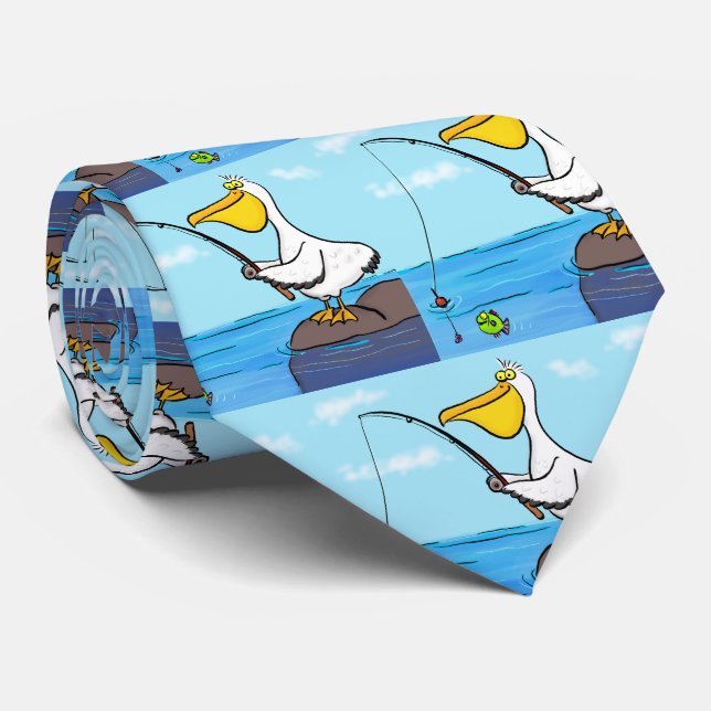 Funny fishing pelican cartoon tie (Rolled)