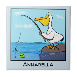 Funny fishing pelican cartoon tile