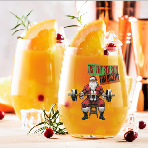 Funny Fitness Christmas Bicep Curls Barbell Santa Stemless Wine Glass