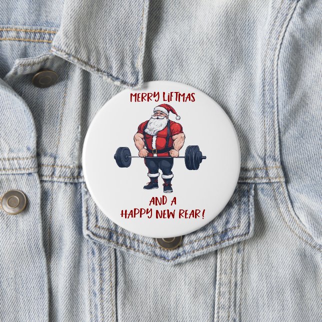 Funny Fitness Christmas Liftmas Barbell Santa 10 Cm Round Badge (In Situ)
