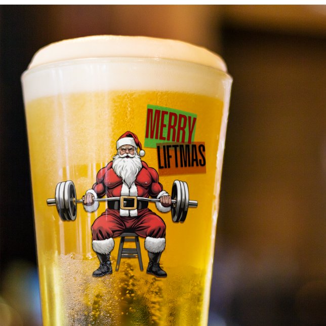 Funny Fitness Christmas Liftmas Barbell Santa Beer Glass (Merry Liftmas!! A funny Swole Santa Beer Glass. A great gift for your personal trainer or coach.)