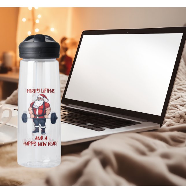 Funny Fitness Christmas Liftmas Barbell Santa Water Bottle (A Christmas gym water bottle, perfect gift for a personal trainer, coach, or gym partner.)