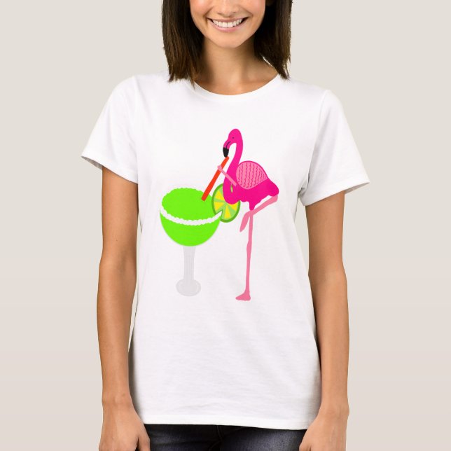 Funny Flamingo Drinking a Margarita T-Shirt (Front)
