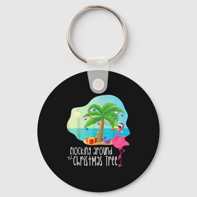 Funny Flamingo Flocking Around The Christmas Tree  Key Ring (Front)