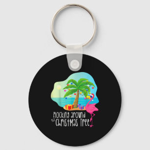 Funny Flamingo Flocking Around The Christmas Tree Key Ring