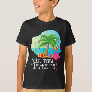 Funny Flamingo Flocking Around The Christmas Tree T-Shirt