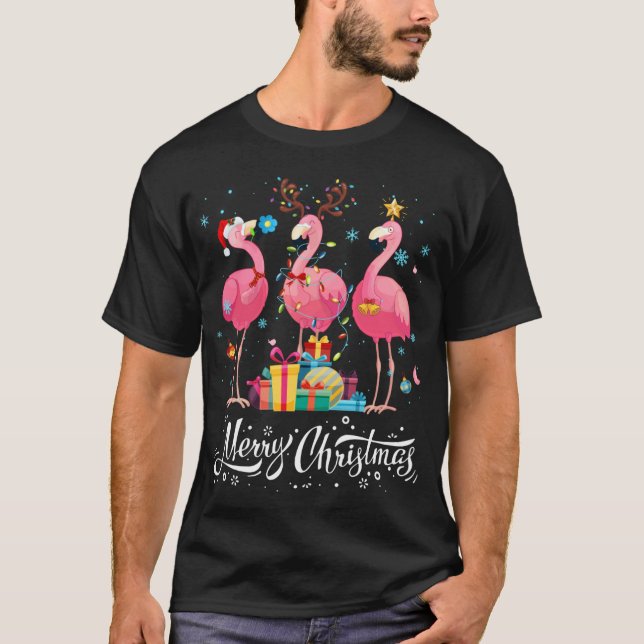 Funny Flamingo Lights Santa Hat Sweater Xmas Tree  (Front)