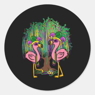 Funny Flamingo Mardi Gras Carnival Beads Tree Jest Classic Round Sticker