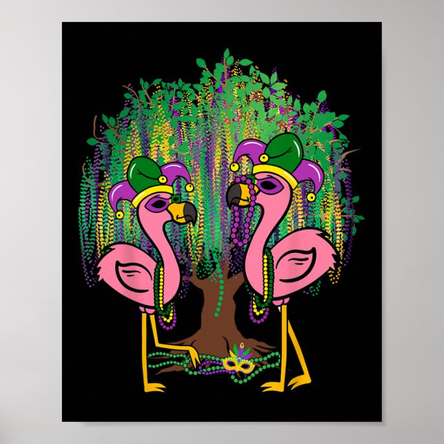 Funny Flamingo Mardi Gras Carnival Beads Tree Jest Poster (Front)