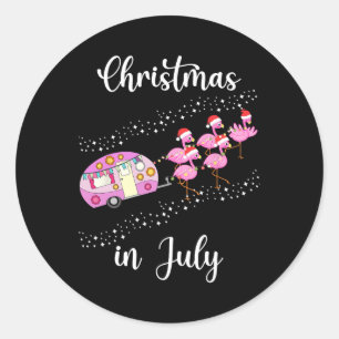 Funny Flamingo Pink Retro Camping Car Christmas In Classic Round Sticker