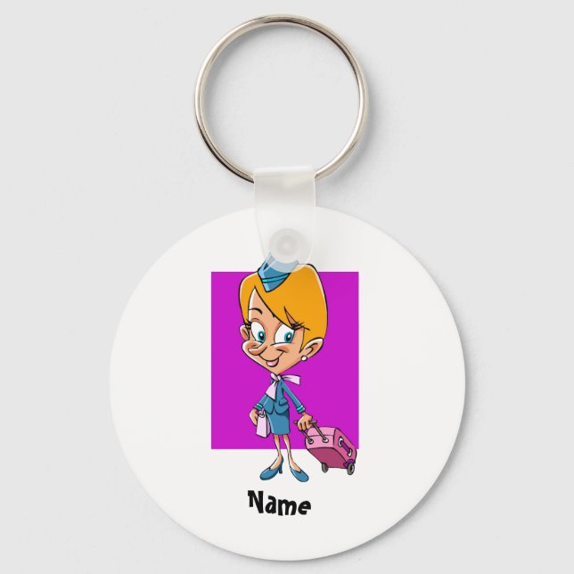 Funny flight attendant cartoon air hostess key ring (Front)