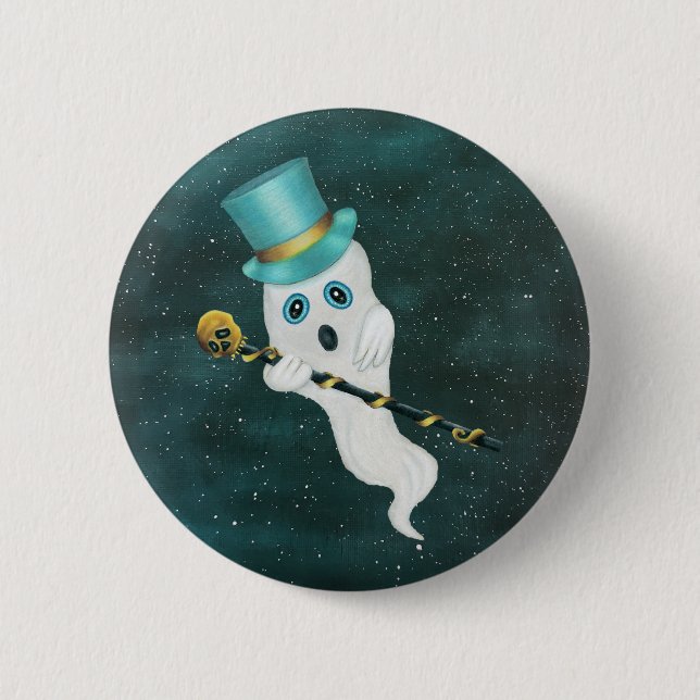 Funny Floating Ghost in Sky Blue Green Top Hat 6 Cm Round Badge (Front)