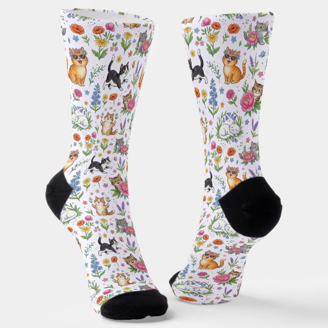Funny Floral Cats Patterned Crew Socks  (Angled)