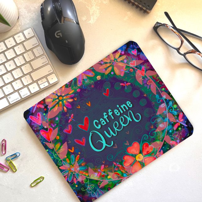 Funny Floral Cheerful Caffeine Queen Quote Mouse Pad (Creator Uploaded)