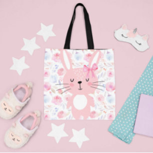 Funny Floral Pink Bunny Tote Bag