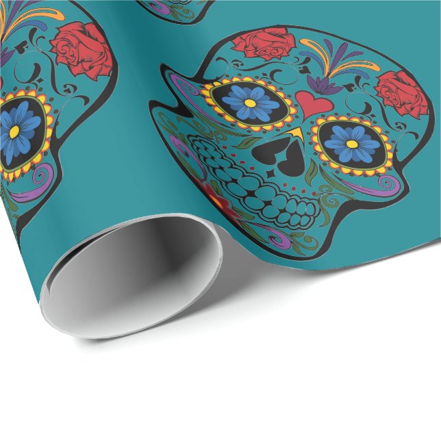 Funny Floral Skull Teal Gift Wrapping Paper (Roll Corner)