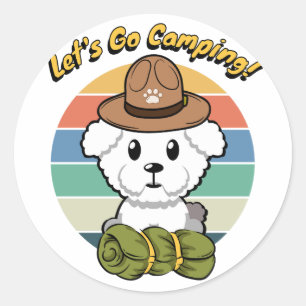 Funny fluffy dog wants to go camping classic round sticker