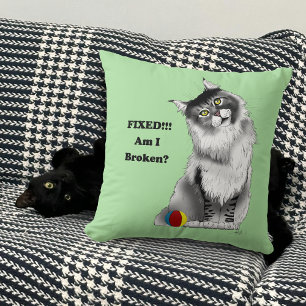 Funny Fluffy Maine Coon Cat Green Humour Cushion