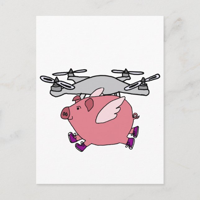 Funny Flying Pig Drone Cartoon Postcard (Front)