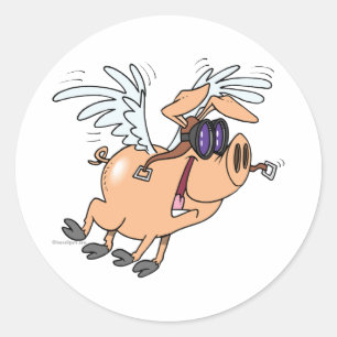 funny flying pig flyer cartoon classic round sticker