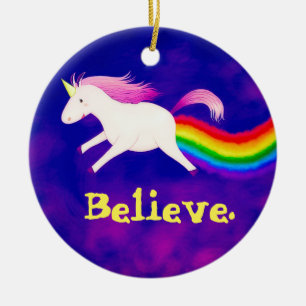 Funny Flying Unicorn Farting a Rainbow Ceramic Tree Decoration