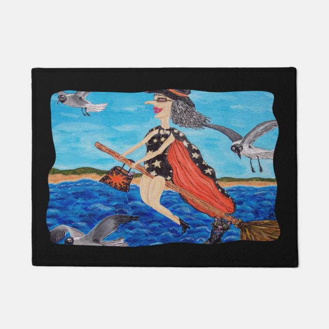 Funny Flying Witch Broom Cat Seagulls Beach Doormat (Front)