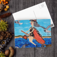 Funny Flying Witch Broom Cat Seagulls Beach