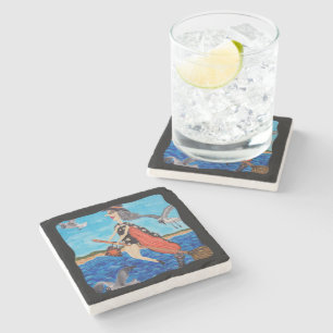 Funny Flying Witch Broom Cat Seagulls Beach Stone Coaster