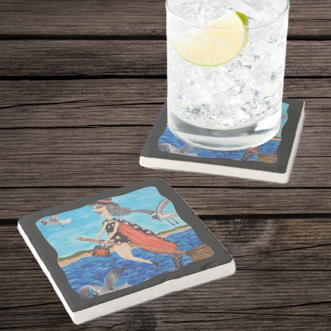 Funny Flying Witch Broom Cat Seagulls Beach Stone Coaster (Fun Witch in Bathing suit flying to beach on broom with seagulls black border on stone drink coaster)