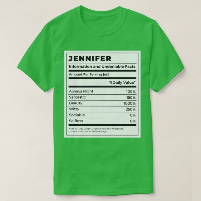 Funny Food Label Female Ingredients JENNIFER T-Shirt (Design Front)