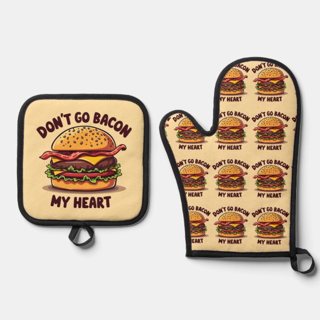 Funny Food Pun Bacon Lover Cheeseburger Design Oven Mitt & Pot Holder Set (Front)