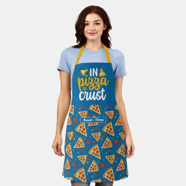 Funny Food Pun In Pizza We Crust Blue Pattern Apron (Worn)
