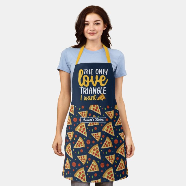 Funny Food Pun Love Triangle Retro Pizza Pattern Apron (Worn)