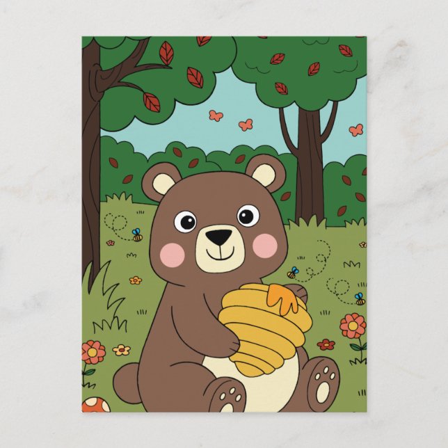 Funny Forest Baby Bear with Honey Jar Holiday Postcard (Front)