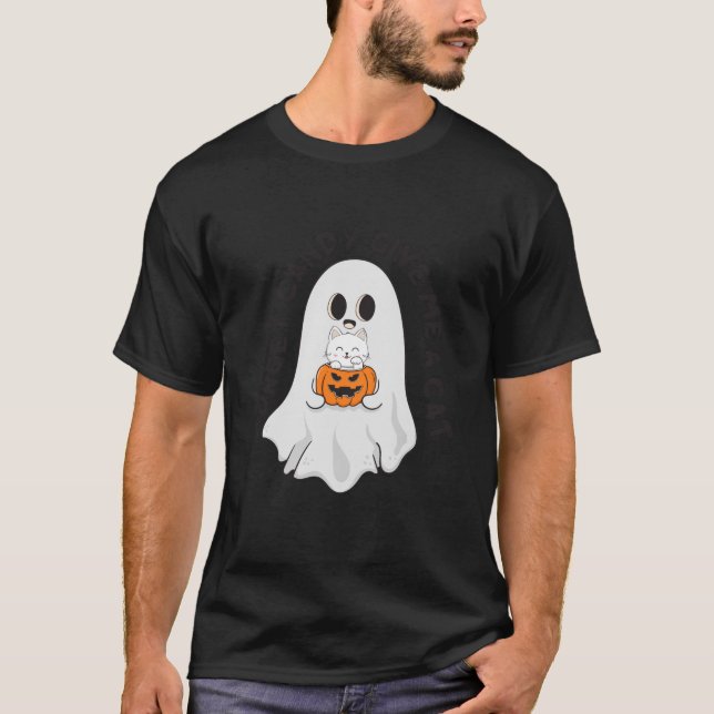 Funny Forget Candy Give Me A Cat Cute Ghost Spooky T-Shirt (Front)