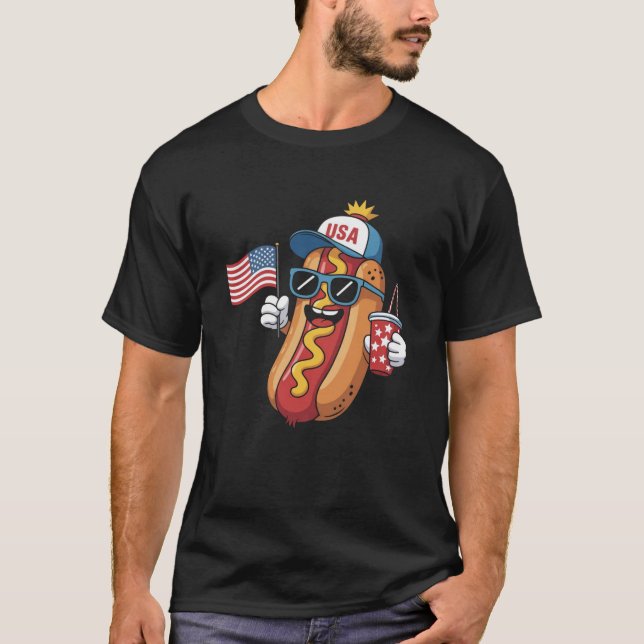 Funny Fourth of July Hotdog Patriotic USA Flag 4th T-Shirt (Front)