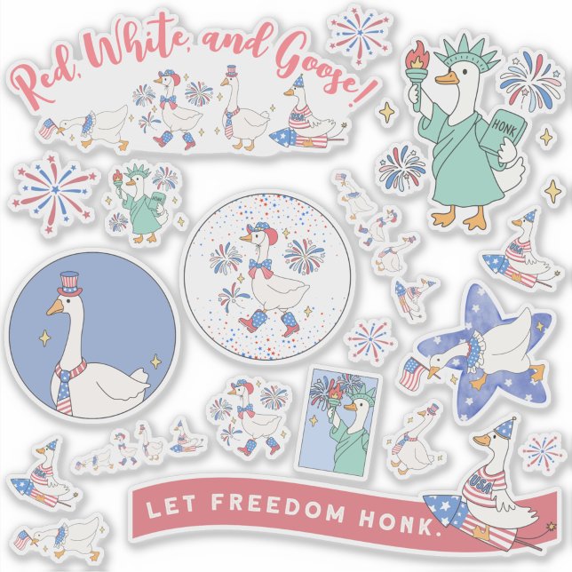 Funny Fourth of July Silly Patriotic Goose Parade (Nearly 20 stickers for 4th of July. This humorous "Red White and Goose" sticker sheet is silly, fun.)