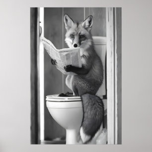 Funny Fox Bathroom Print, Reading Newspaper Poster