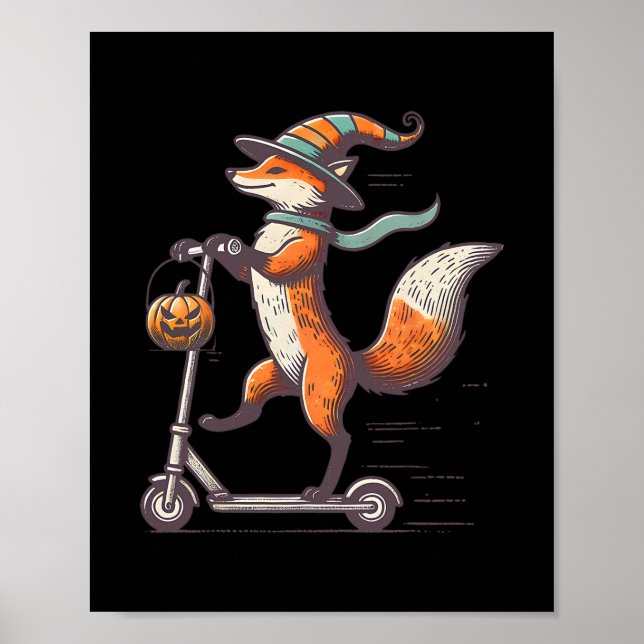 Funny Fox Riding Scooter Fall Pumpkin Halloween Th Poster (Front)