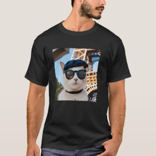 Funny France Eiffel Tower Cat Wearing a Beret and  T-Shirt