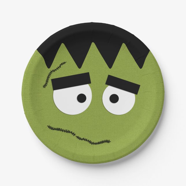 Funny Frankenstein Face for Halloween Paper Plate (Front)