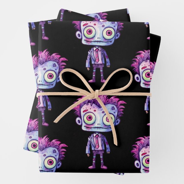 Funny Frankenstein Monster Halloween Fun Pattern Wrapping Paper Sheet (In situ)