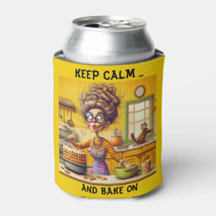 Funny Frazzled lady baker cartoon Can Cooler